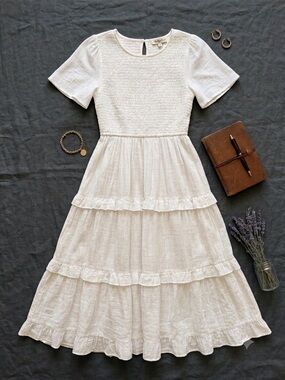 Women's Cream Midi Tiered Dress